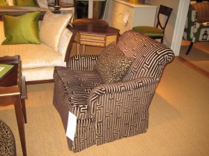 Using a graphic print on a traditional style chair is a great way to create a fresh and updated yet classic look.  I love this chocolate cut velvet....perfect for a library or den!